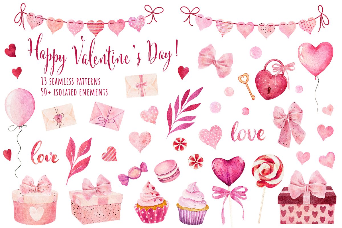Watercolor Set With Hearts and Seamless Backgrounds, Valentine's Day,  Romantic Watercolor, Scrapbooking, Valentines, Invitations 