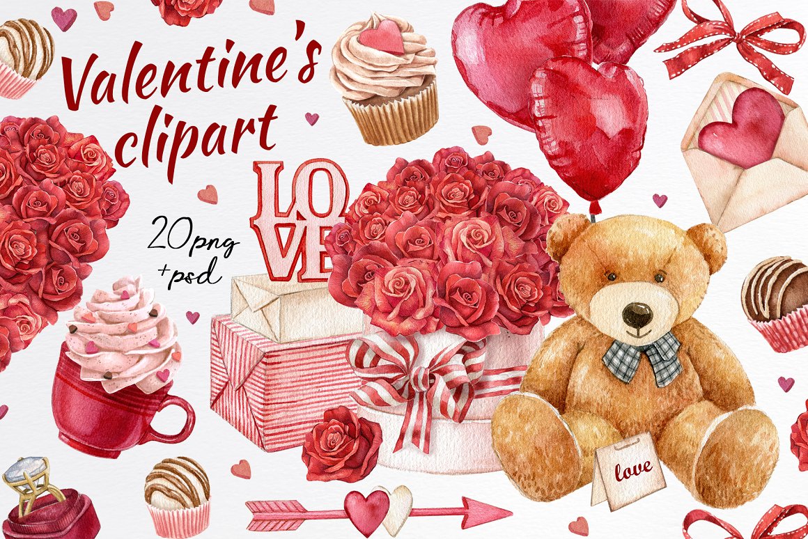 Red lettering "Valentine's Clipart" and different watercolor love illustrations.