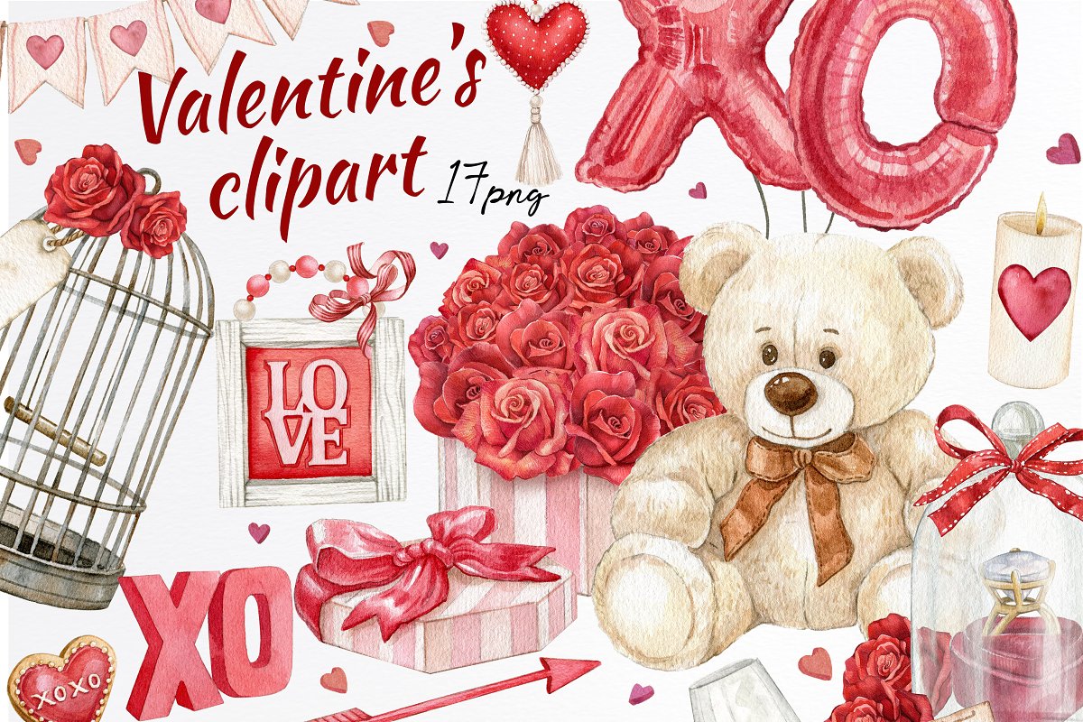 Cover image of Watercolor Red Valentines Clipart.