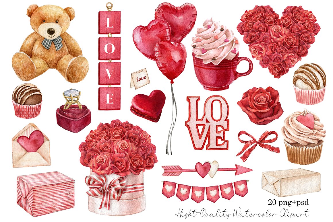 A set of different illustrations - red roses bouquet, teddy bear, sweets, heart-balloon, digital red mug, love wedding graphics on a white background.