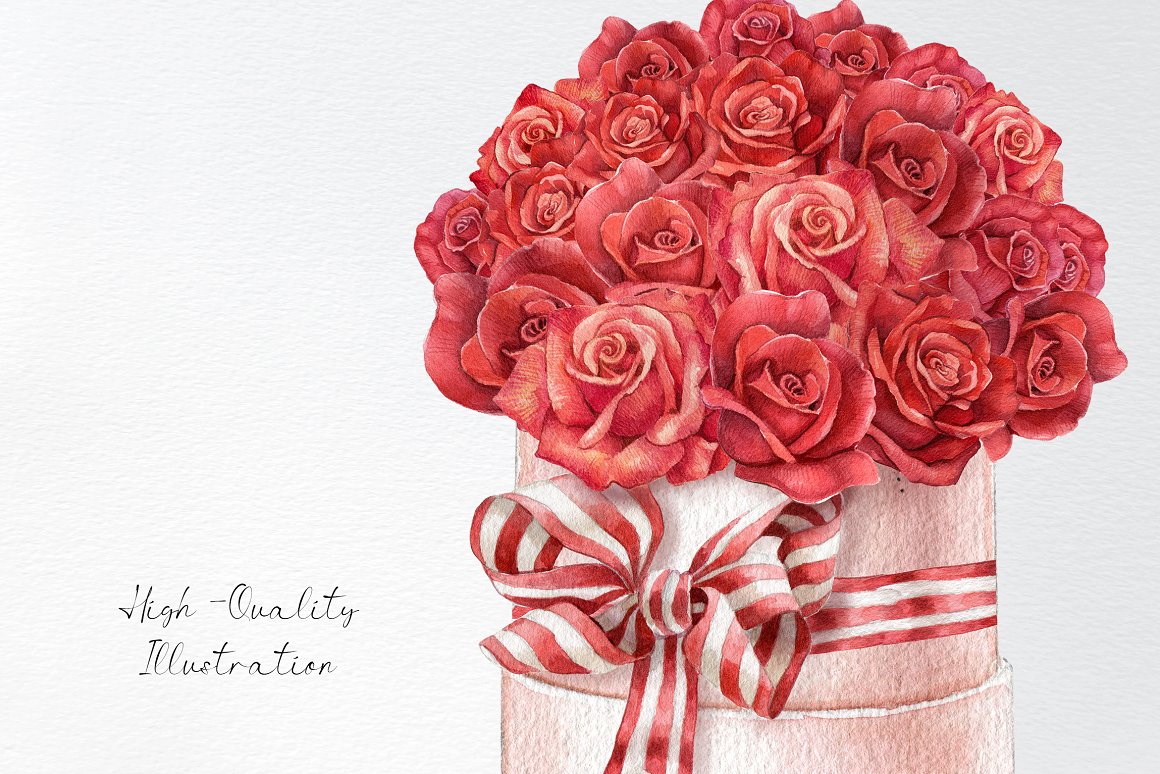 Watercolor illustration of a red roses bouquet on a gray background.