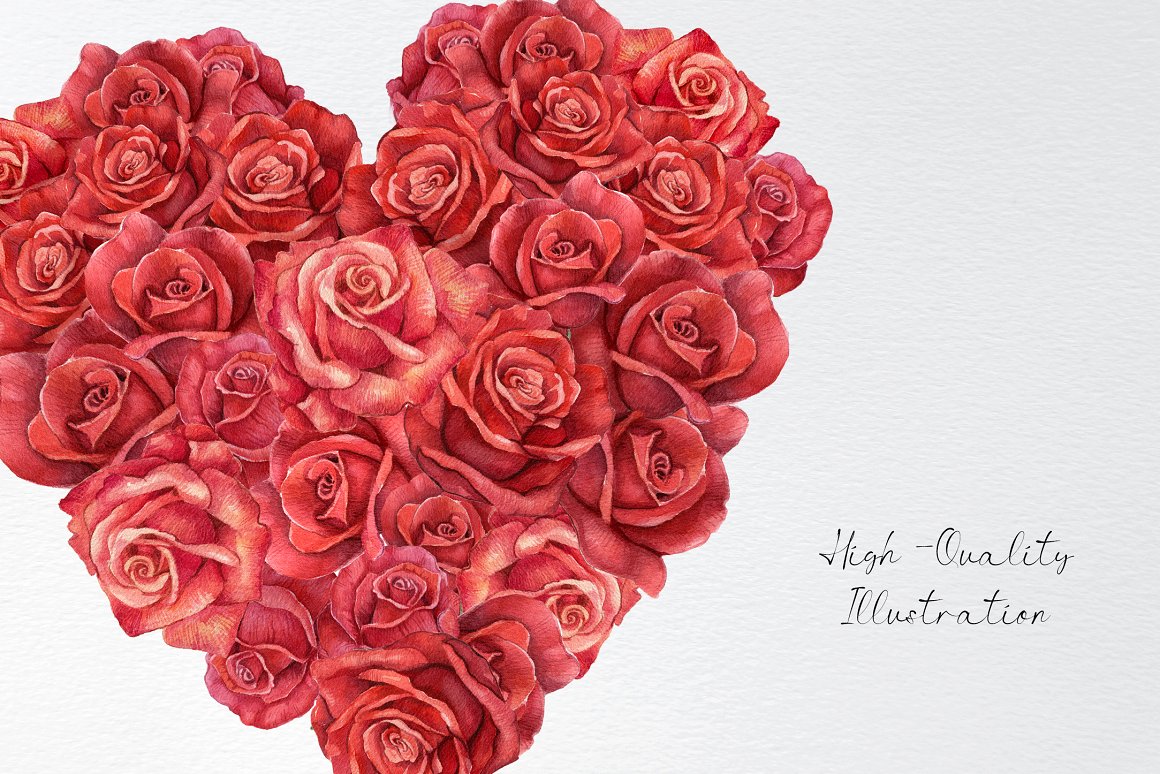 Watercolor illustration of a heart of red roses on a gray background.