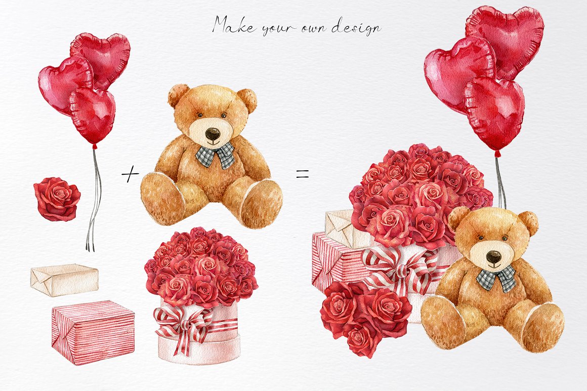 A set of different illustrations - red roses bouquet, teddy bear, sweets, heart-balloon and love wedding graphics on a gray background.
