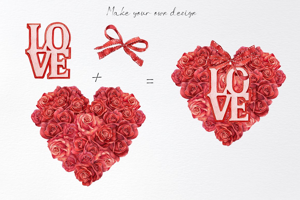 Love rebus of lettering "LOVE", bow and heart of red roses on a gray background.