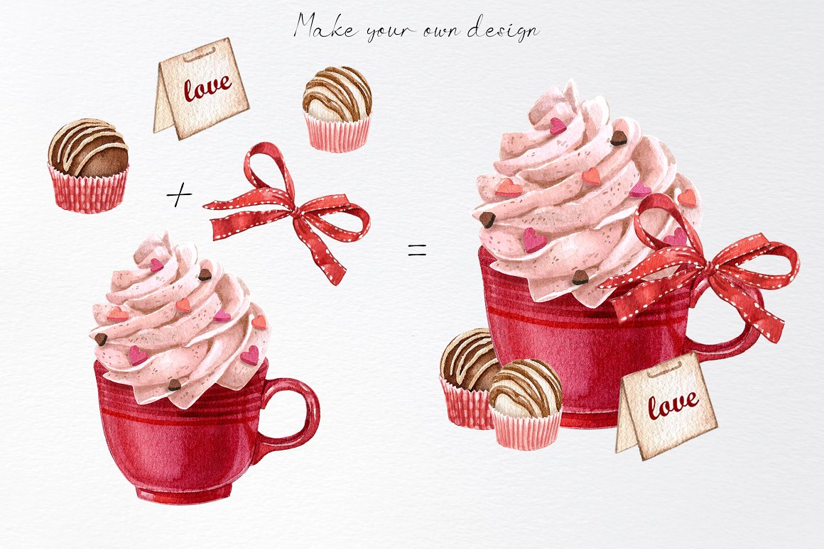 Love rebus of sweets, bow and digital red mug on a gray background.