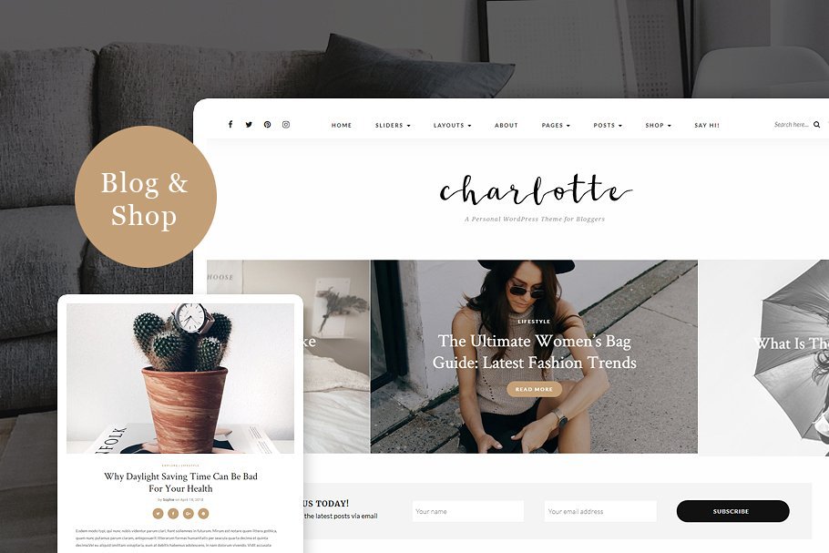 Web and nobile versions of charlotte a personal blog & shop.