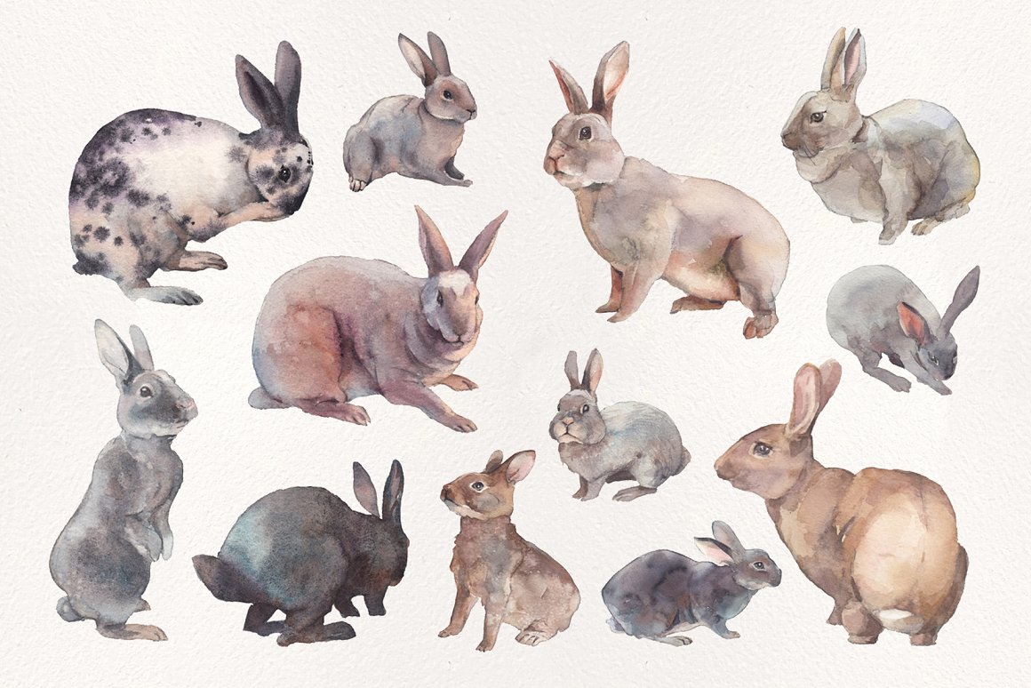 A set of 12 different watercolor illustrations of easter rabbits on a gray background.
