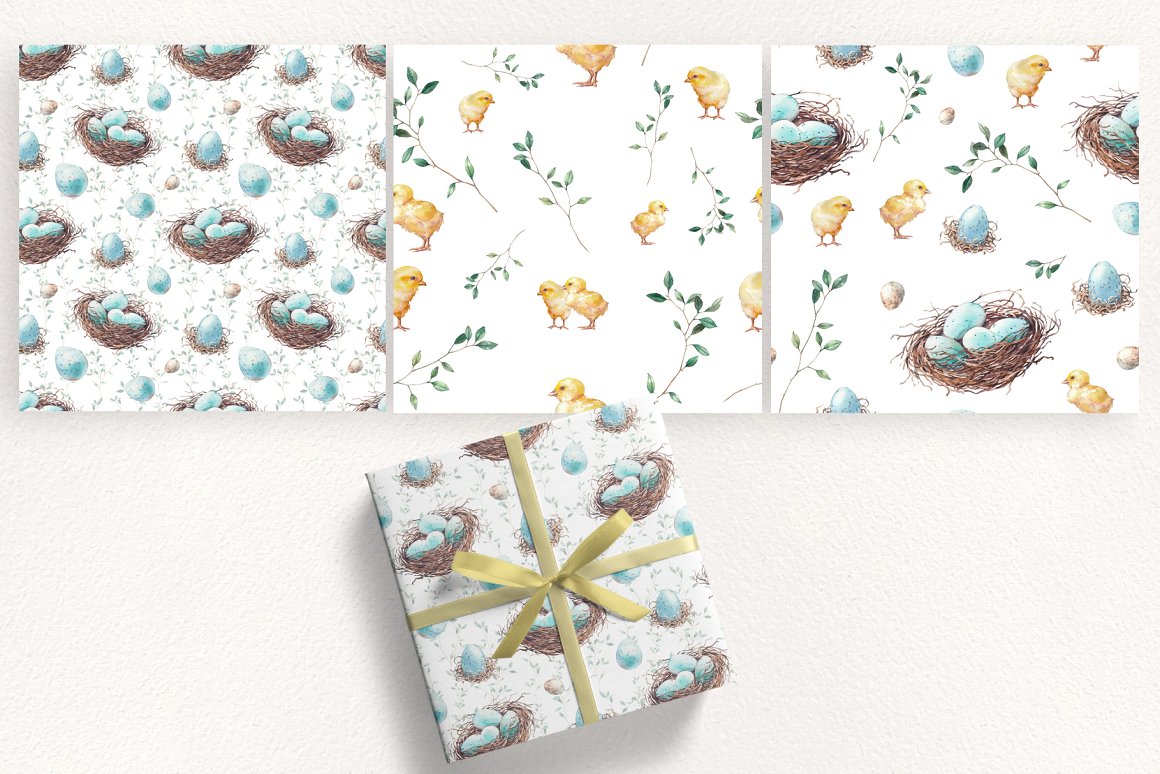 A set of 3 seamless pattern with easter eggs and chickens, and box in wrapping paper with this pattern on a gray background.