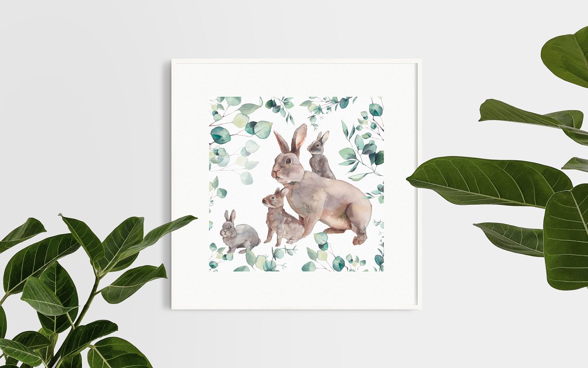 Picture with illustration of easter rabbits on a white background in white frame.