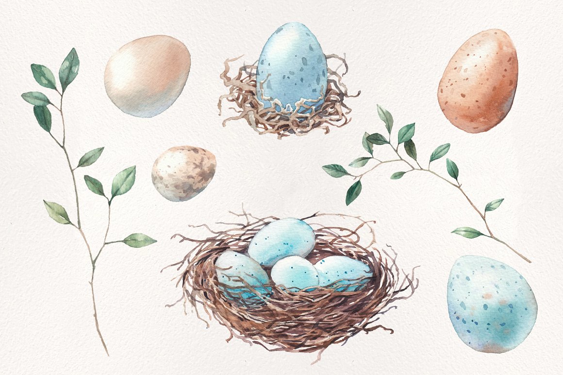 A set of 8 different watercolor illustrations of easter eggs and twigs on a gray background.