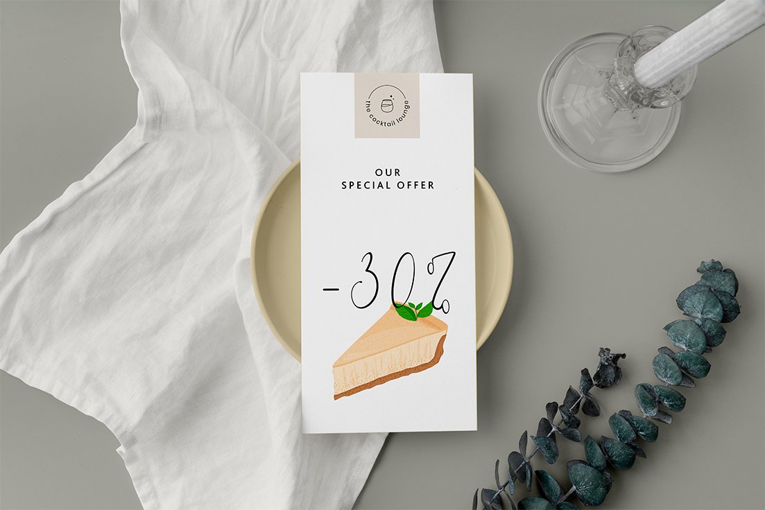 A white card with discount "-30%" and illustration of a cheesecake on a gray background.