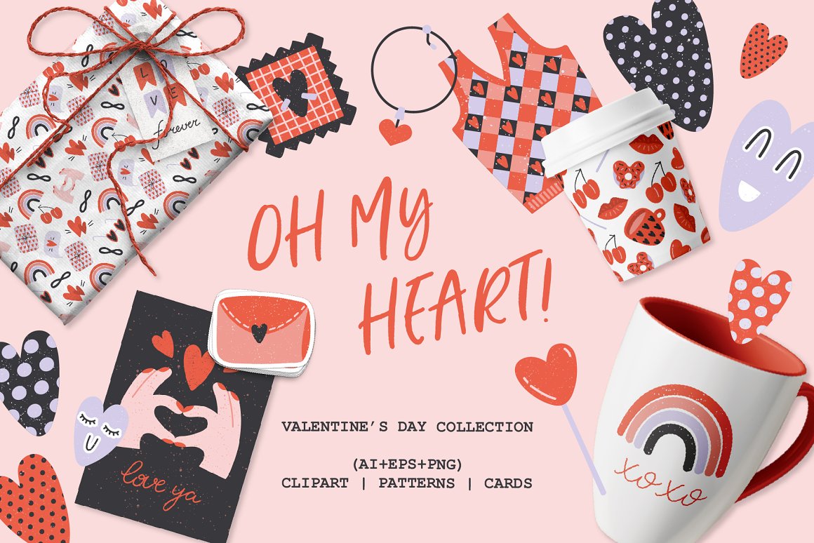 Red lettering "Oh my heart!" and different products with valentine's design.