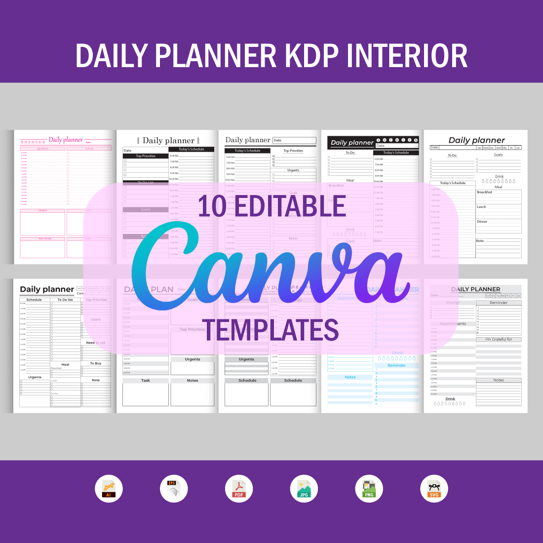 Editable Canva Templates Daily Planner for KDP cover image.