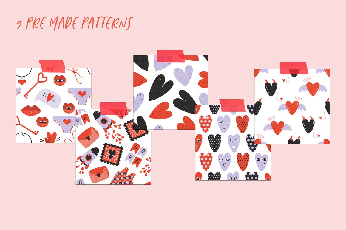 4 pre-made patterns with blue, red and black hearts and other valentine's elements.