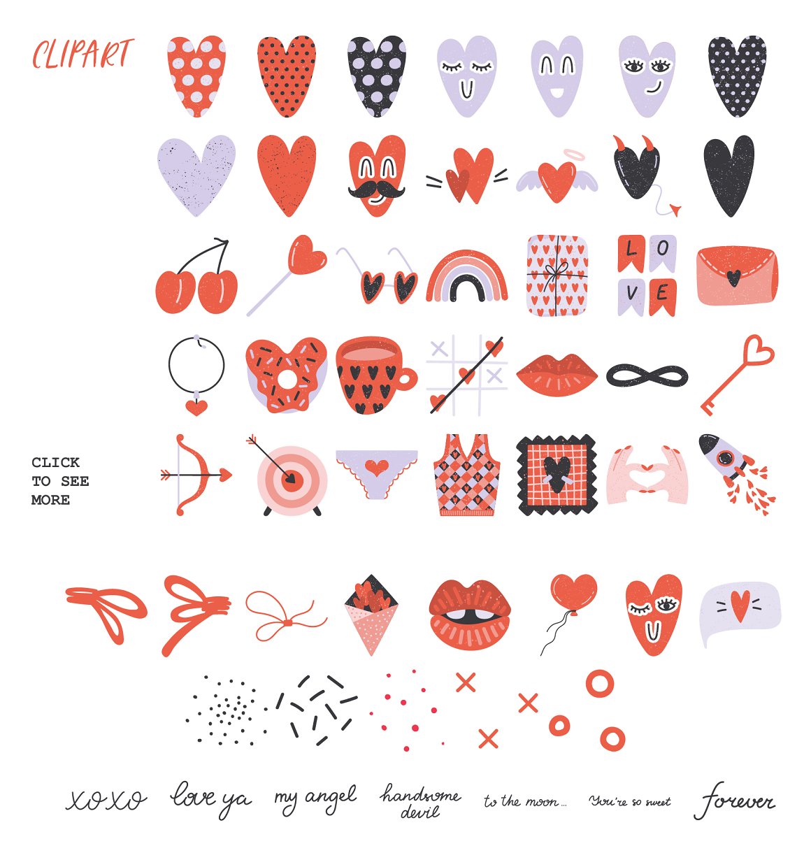Clipart of different romantic elements in red, black and gray on a white background.