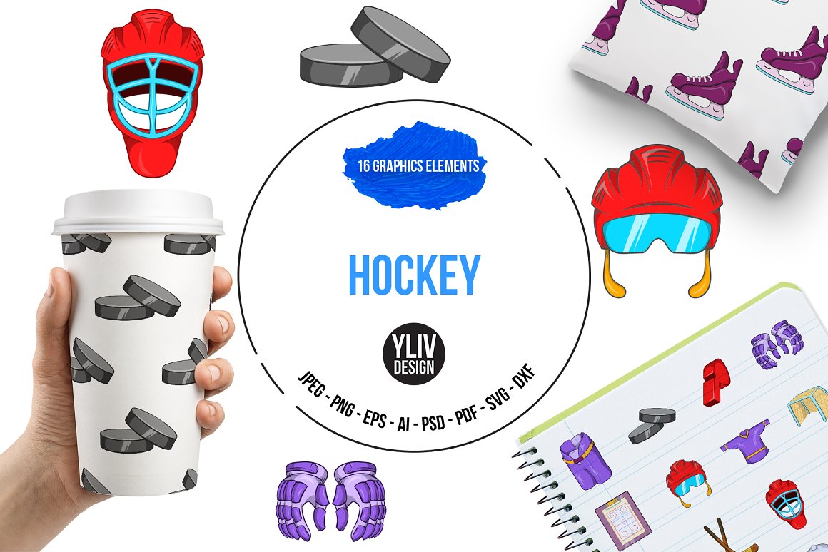 Blue lettering "Hockey" and different hockey elements on a white background.