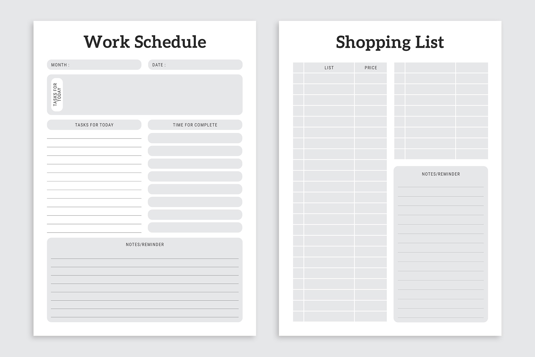 Work Schedule & Shopping List designs.