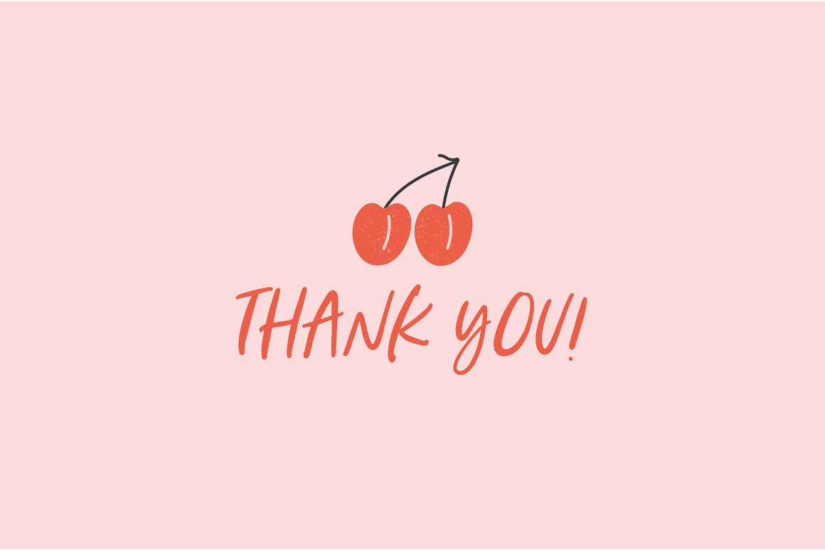 Red lettering "Thank you!" and illustration of a cherry on a pink background.