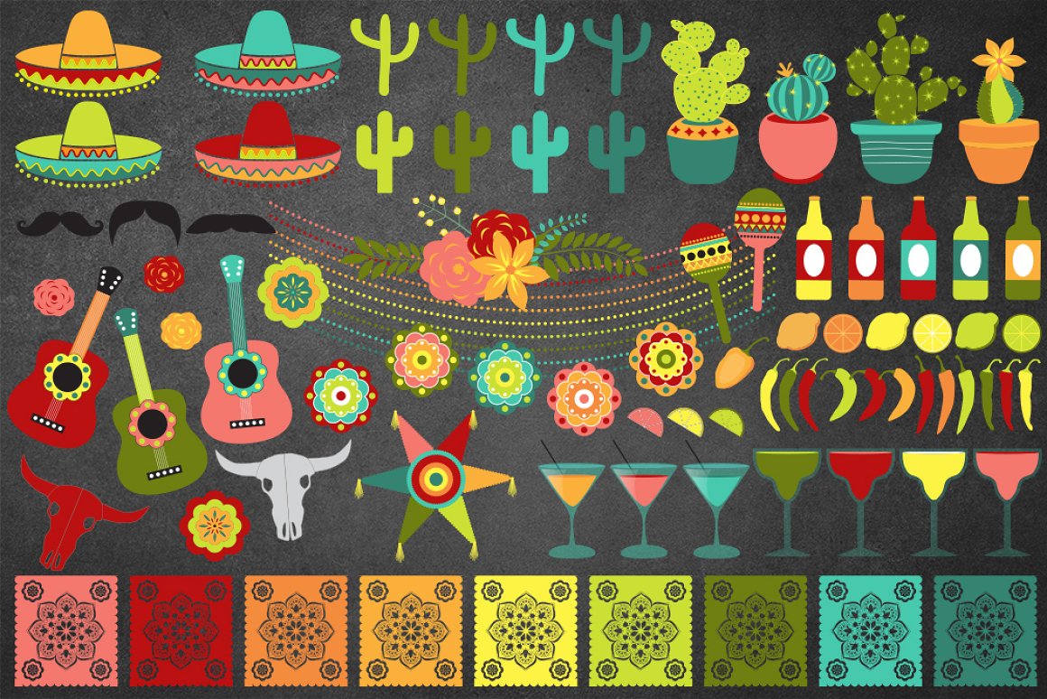Bright Mexican elements on a dark background to create the full fiesta illustration.