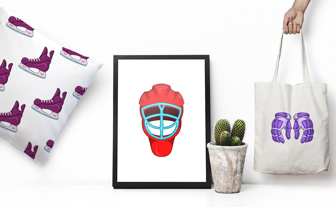 White painting with hockey hermet in black frame, white shopping bag and pillow with hockey elements.