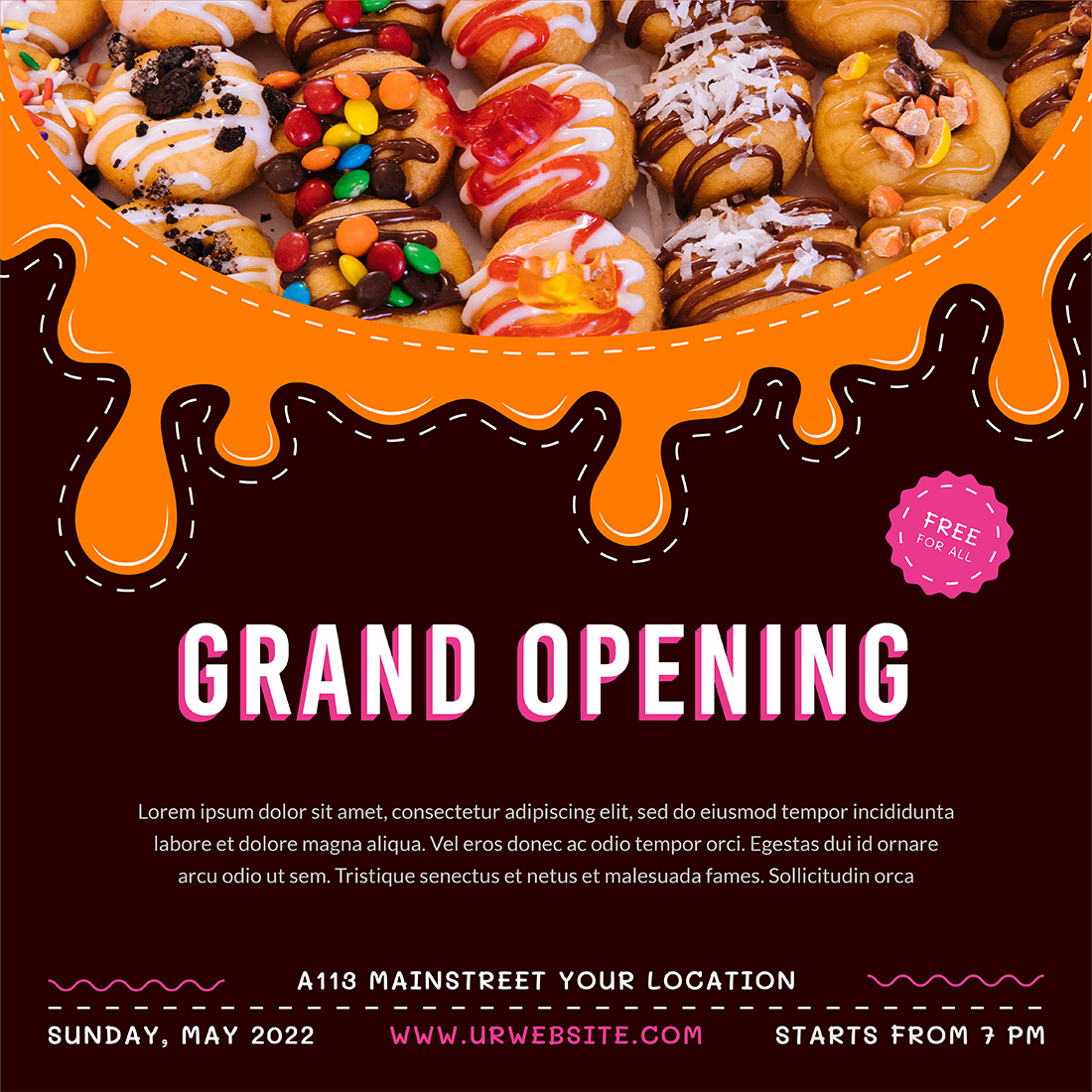 Delicious Donuts Social Media Post Templates grand opening.