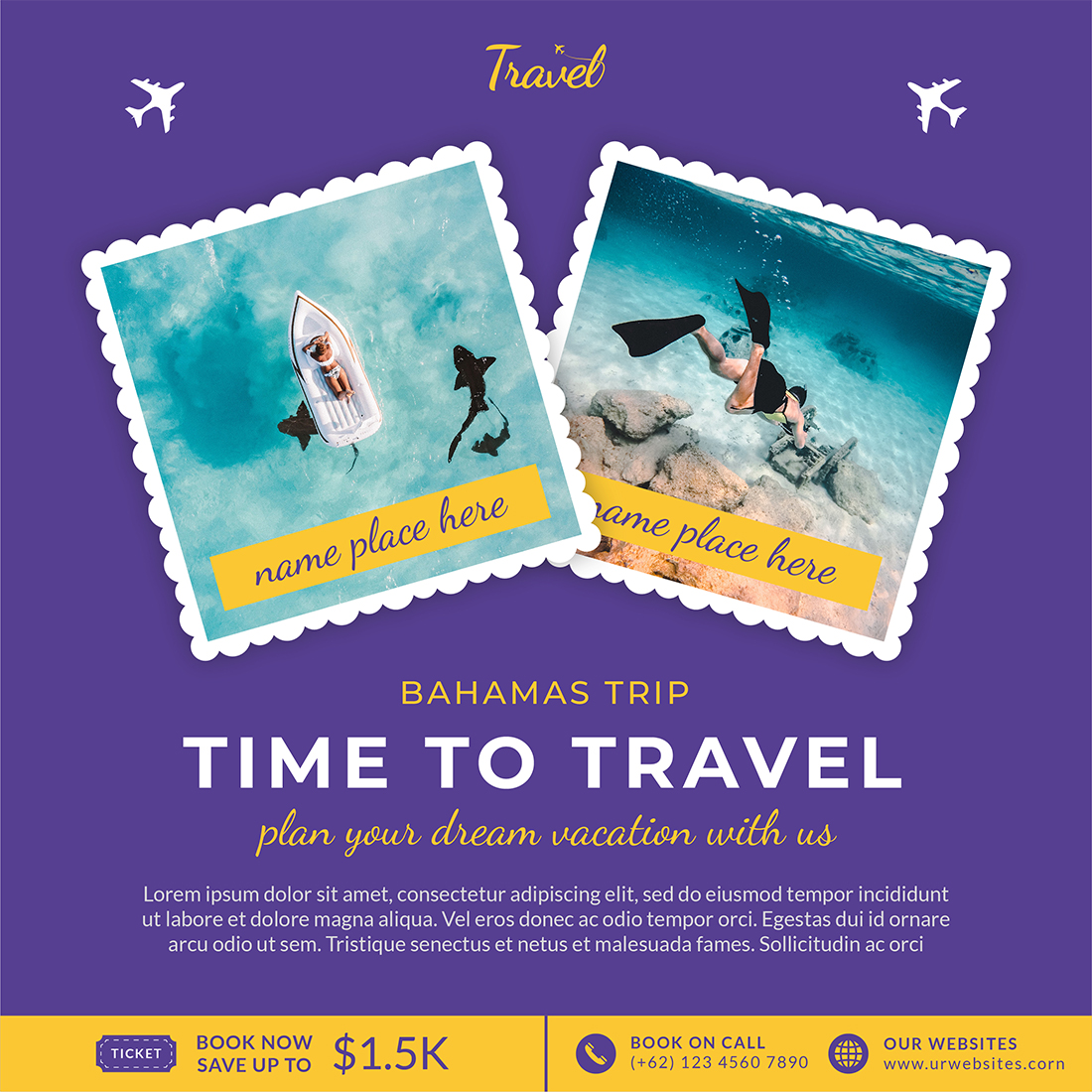 Travel & Tourism Social Media Post Templates Bahamas trip example.