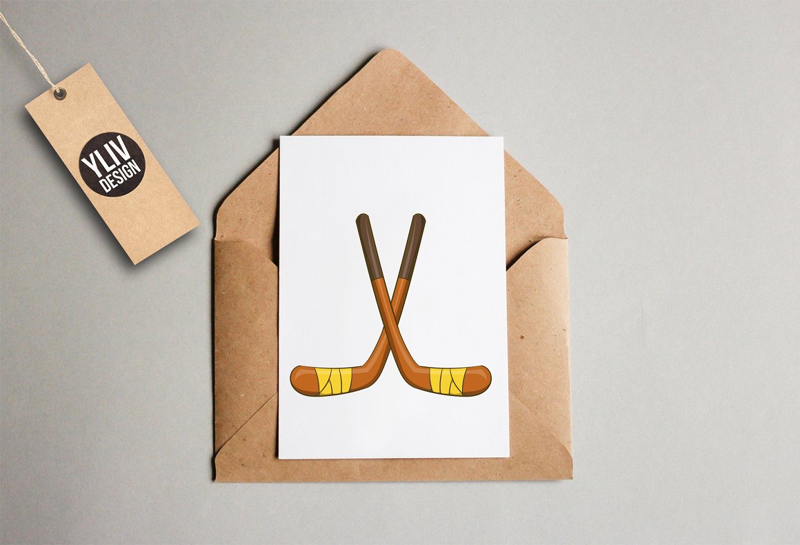 White card with hockey sticks on the craft envelope.