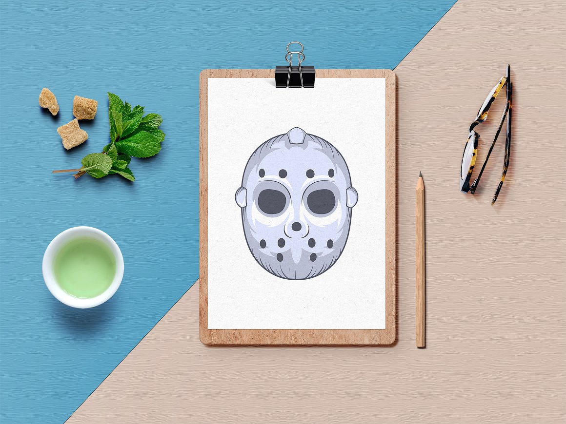 Drawing of hockey mask on a white sheet.