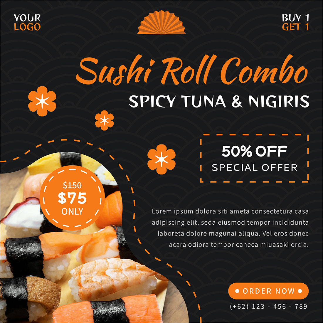 Japanese Culinary Food Social Media Post Templates Sashimi roll combo.