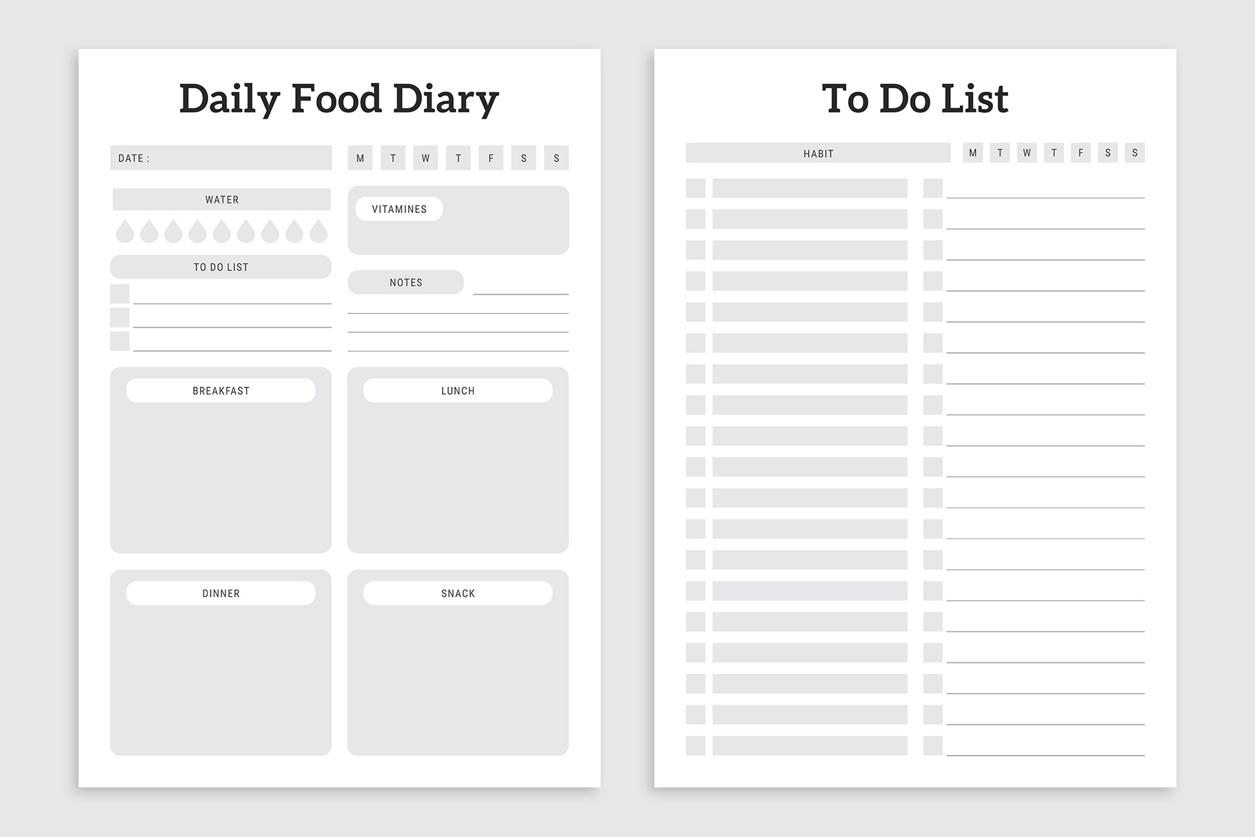 Daily food Tracker & To Do List designs.