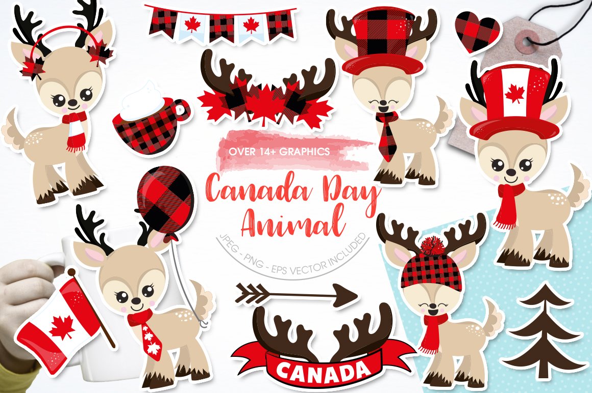 Red lettering "Canada Day Animal" and different illustrations of a deer and the flag of Canada.
