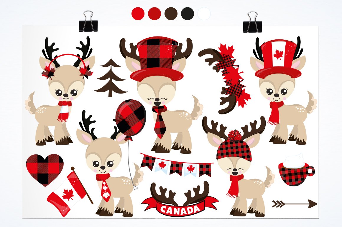 Different illustrations of a deer and the flag of Canada.