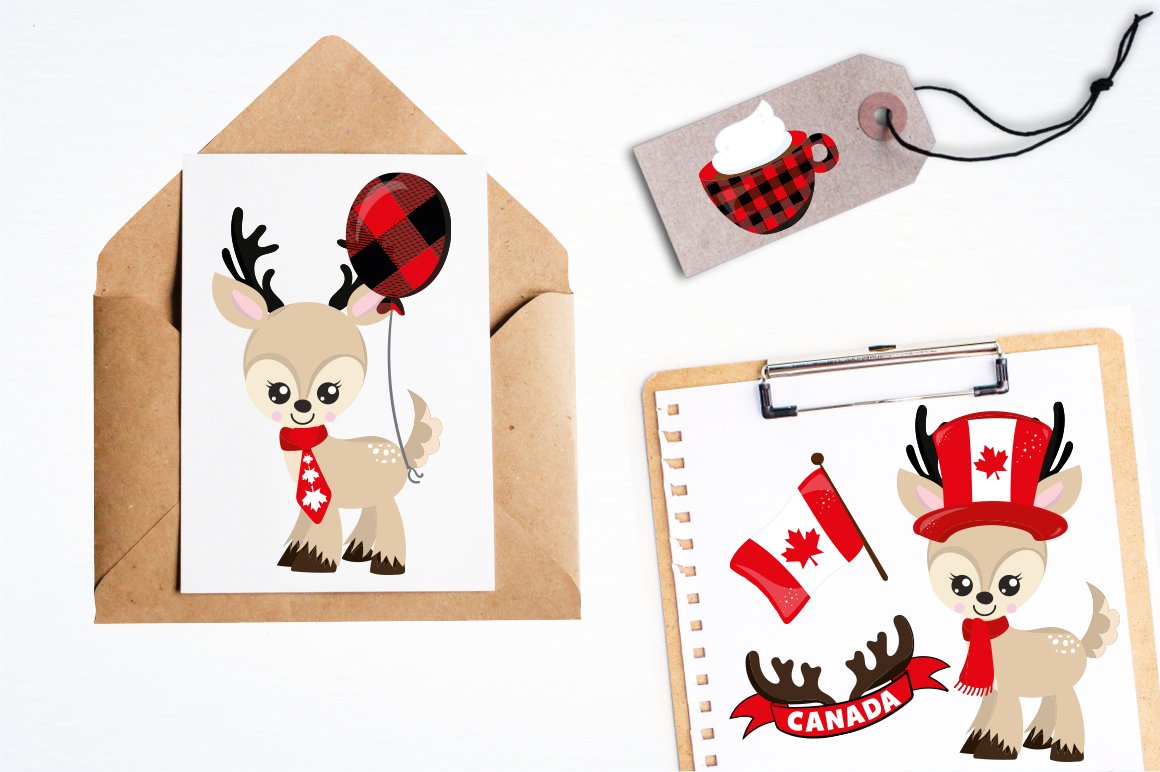White card with illustration of a deer, label with cup of coffee and white sheet with drawings of a deer and the flag of Canada.