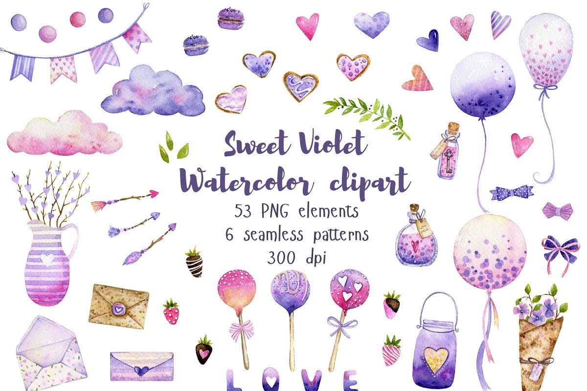 Cover image of Sweet Violet Watercolor Clipart.