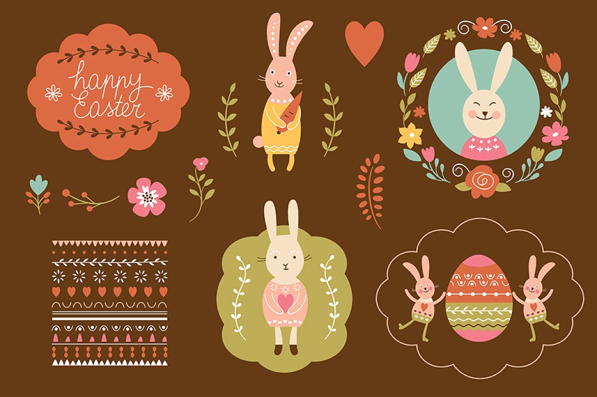 Brown background with the colorful Easter bunny and other elements for the fiesta.