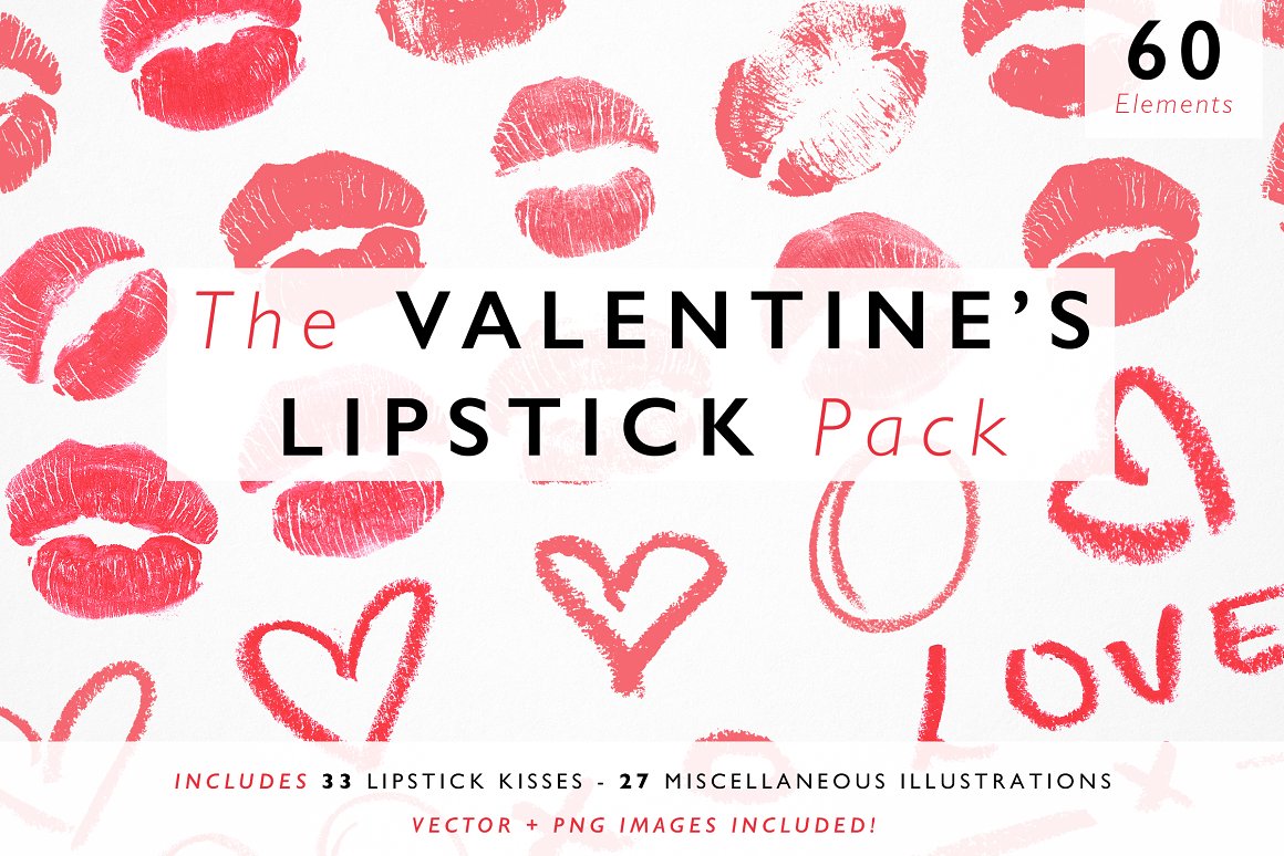 Pink-black lettering "The Valentine's Lipstick Pack" on the background of pink lips and pink hearts.