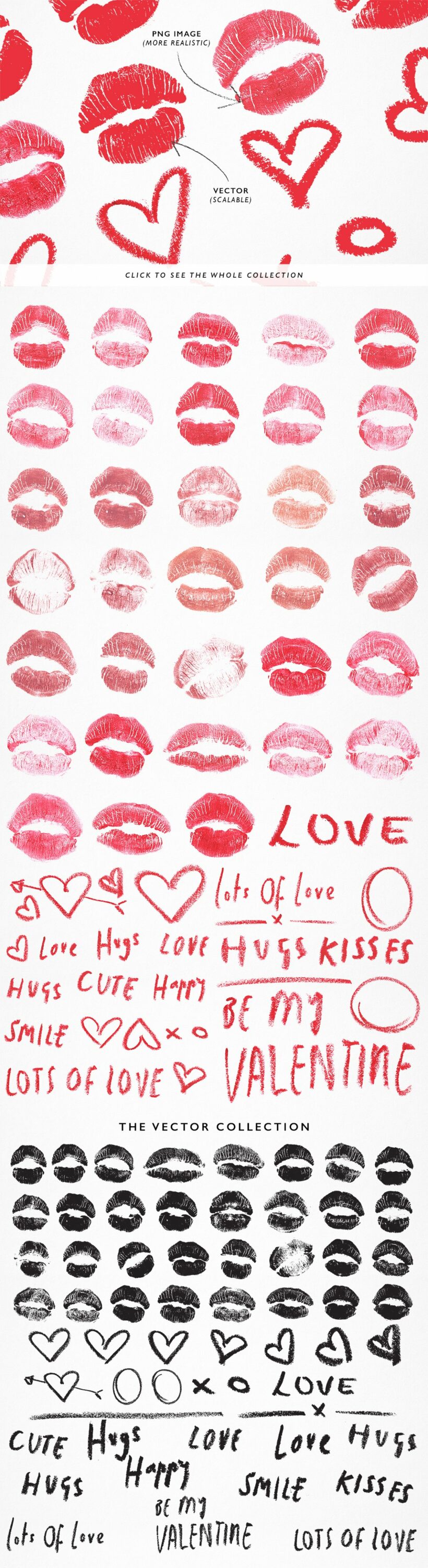 A set of different illustrations of hearts and lips in pink and black on a white background.