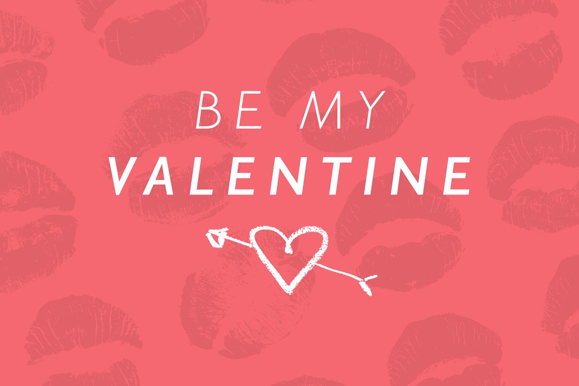 White lettering "Be my Valentine" and white heart with arrow on a pink background with lips.