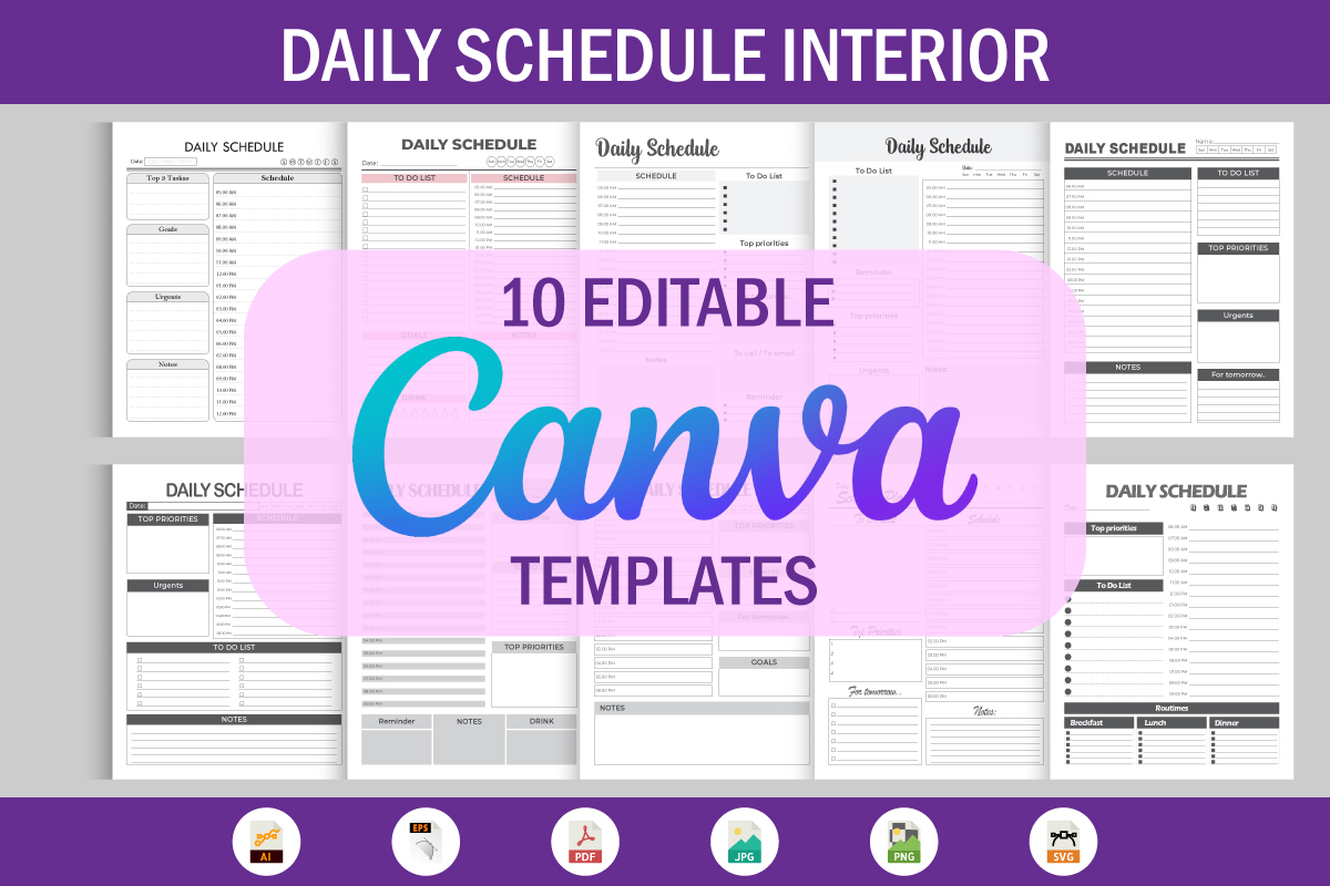 Cover image of 10 Editable Canva Templates Daily Schedule Planner.