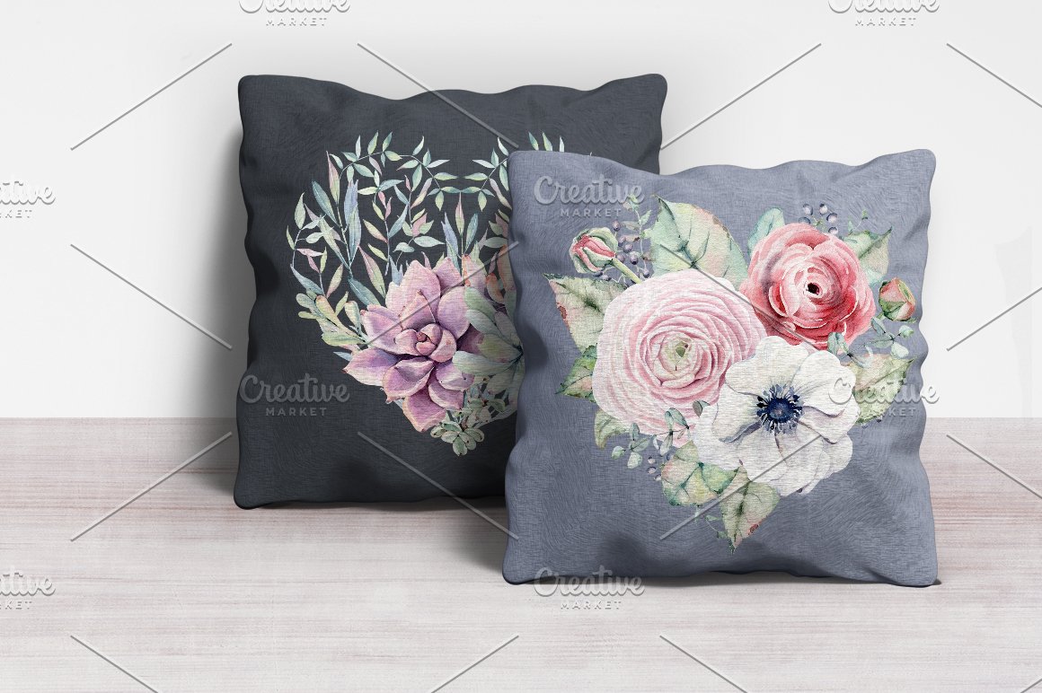 Black and grey pillows with the flowers hearts.