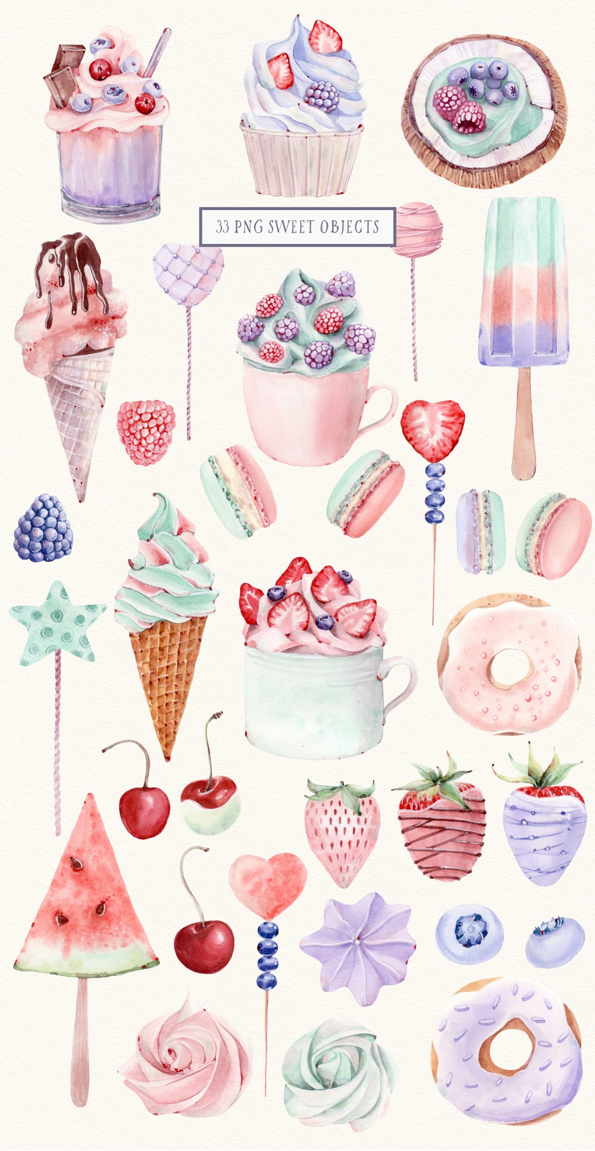 A set of 33 different illustrations of sweet objects on a gray background.