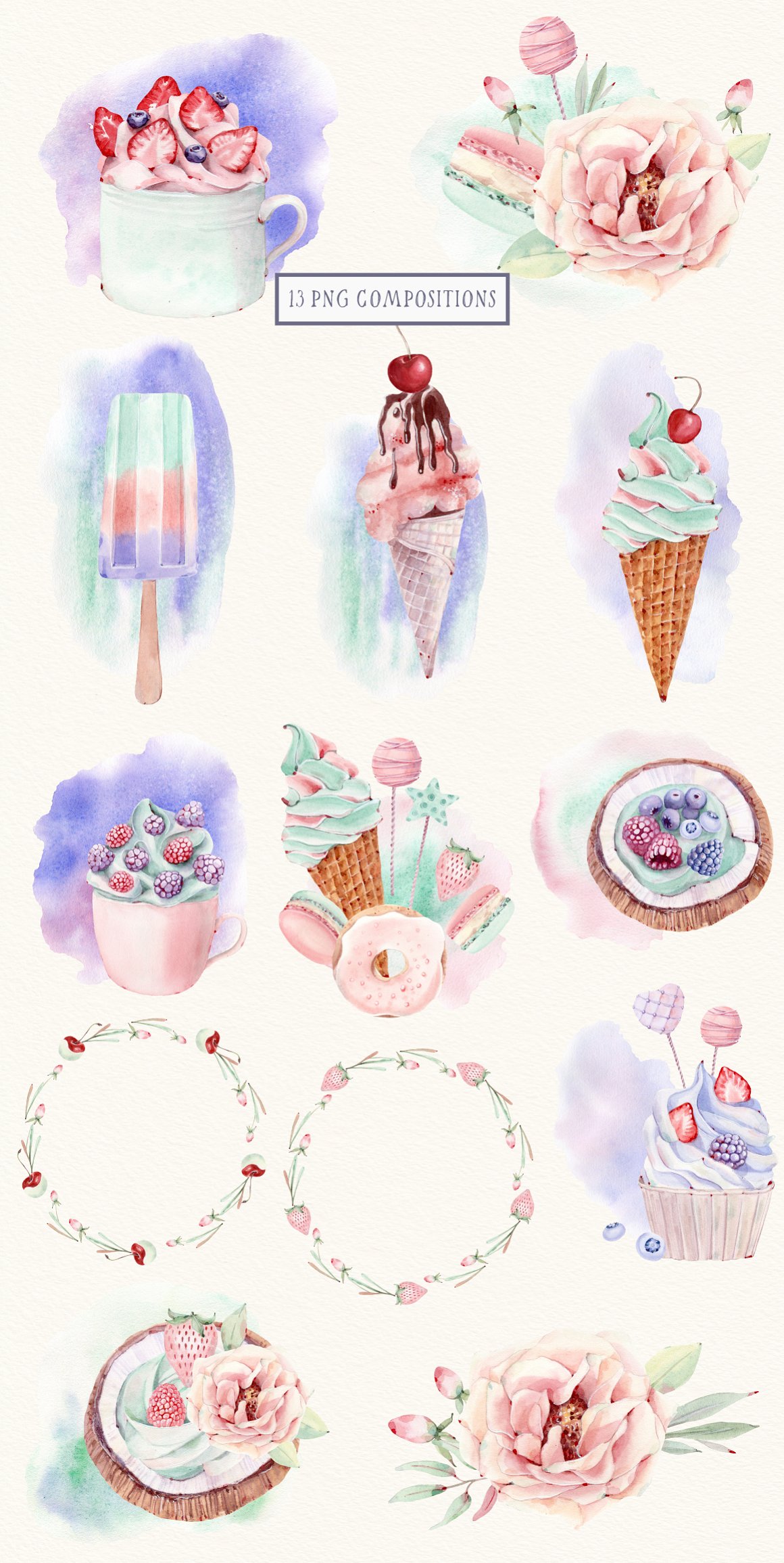A set of 13 different illustrations of sweet and floral compositions on a gray background.