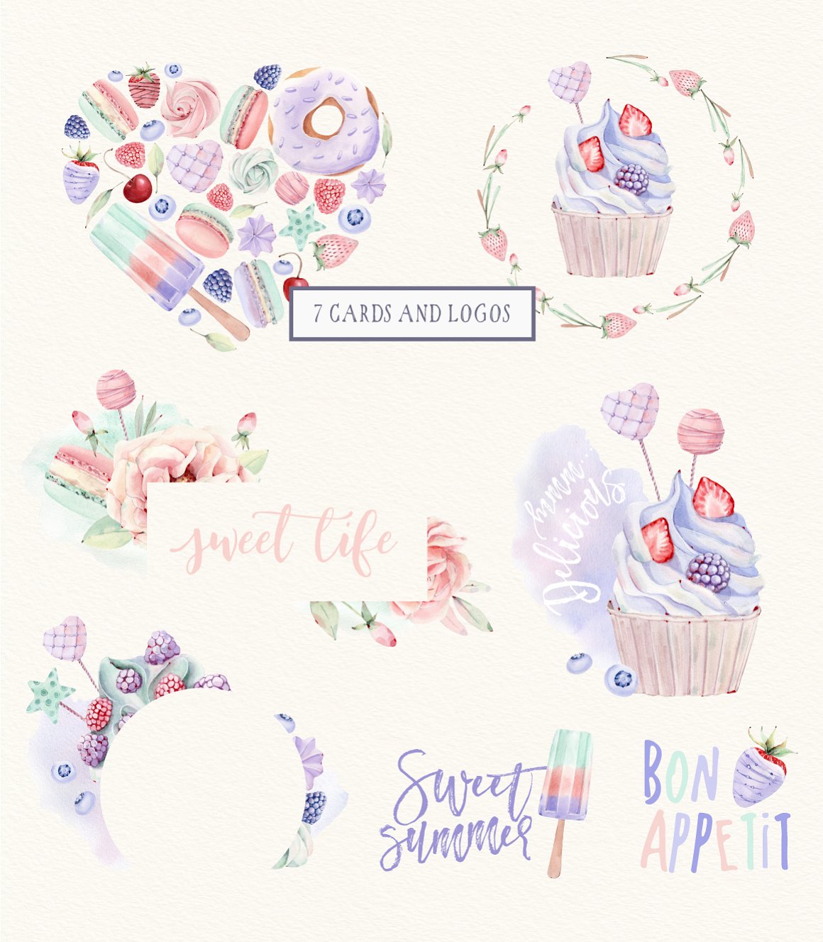 A set of 7 different cards and logos with sweet and floral illustrations on a gray background.