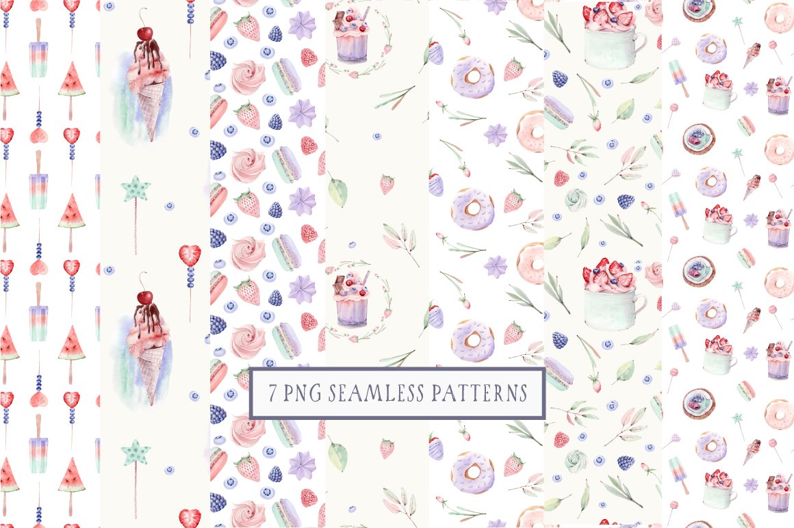 A set of 7 different sweet and floral seamless patterns on a white background.