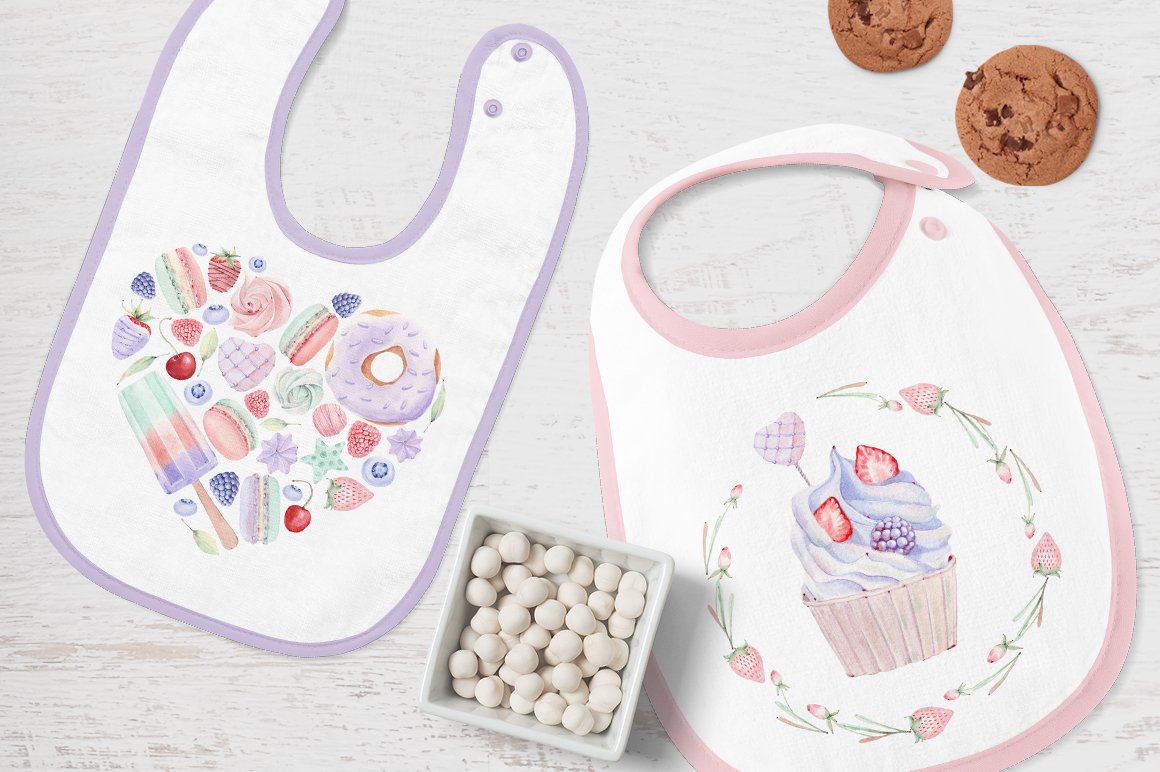 A set of 2 white baby bibs with lavender and pink edgings and sweet and floral illustrations.