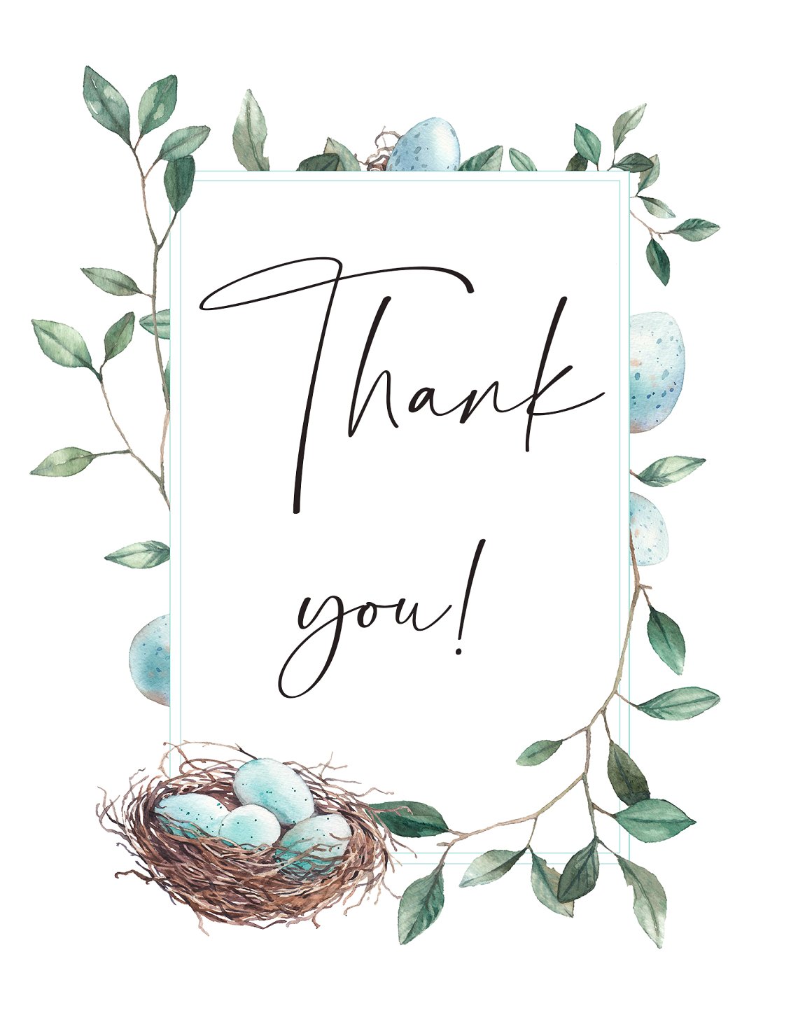 White card with black lettering "Thank you! and light blue easter eggs with twigs on a white background.