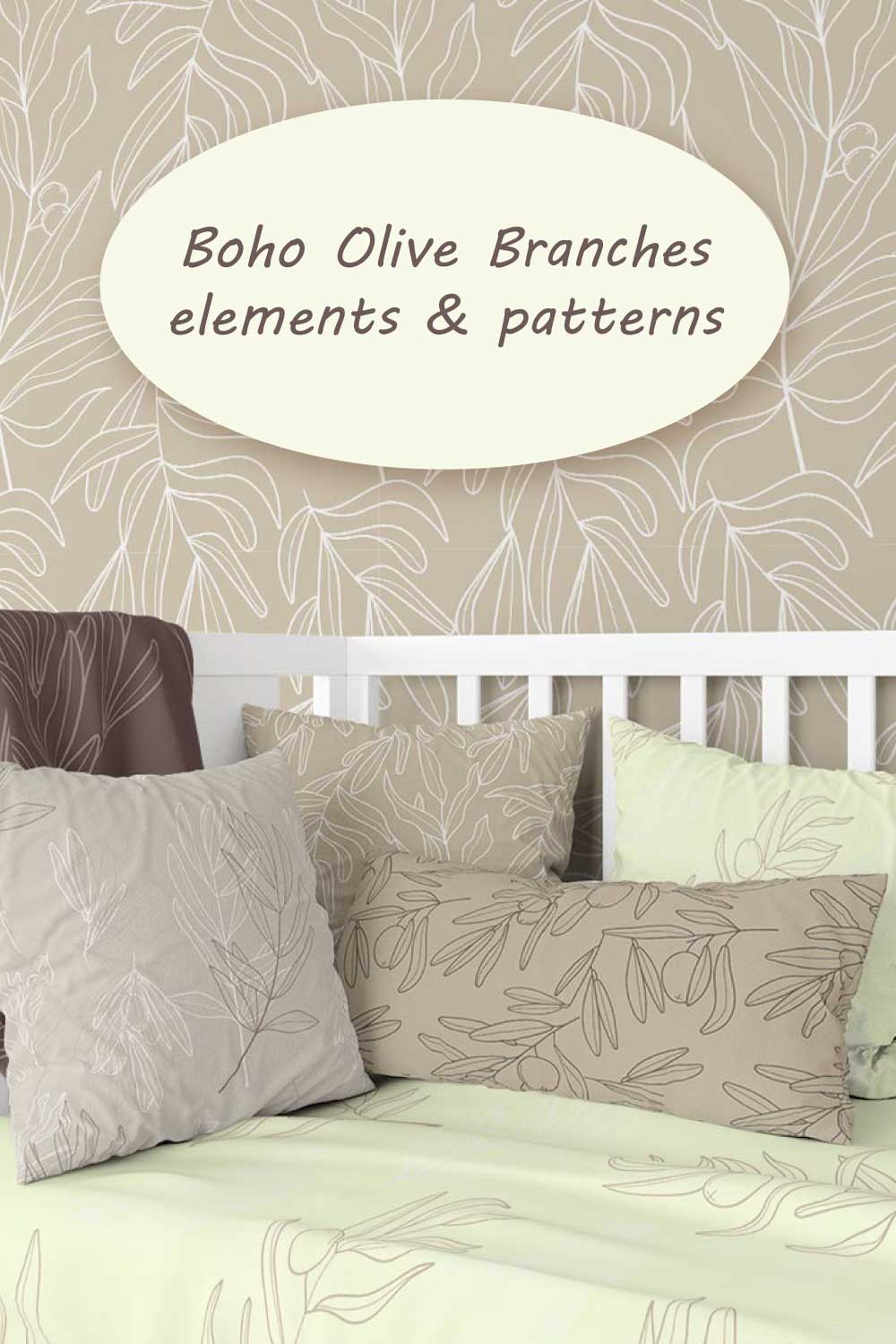 Boho Olive Branches Elements & Patterns - pinterest image preview.
