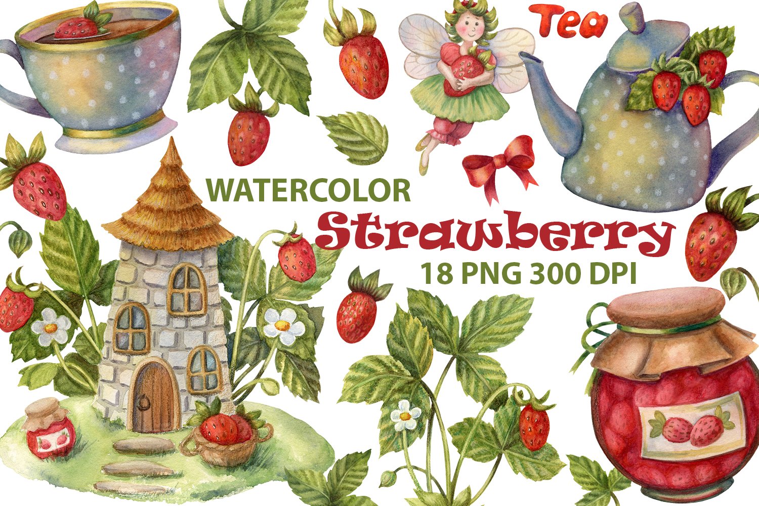 Green-red lettering "Watercolor Strawberry" and different watercolor illustrations with strawberry.