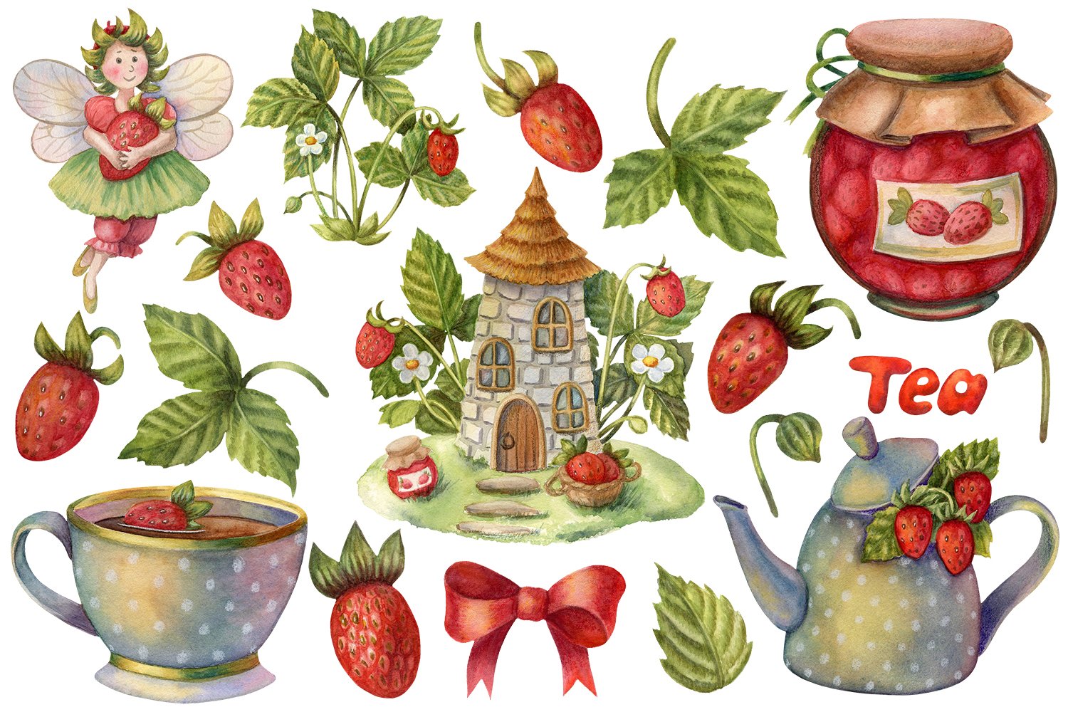 A set of different illustrations of a cup, bow, jam jar, fairy house, teapot and strawberries on a white background.
