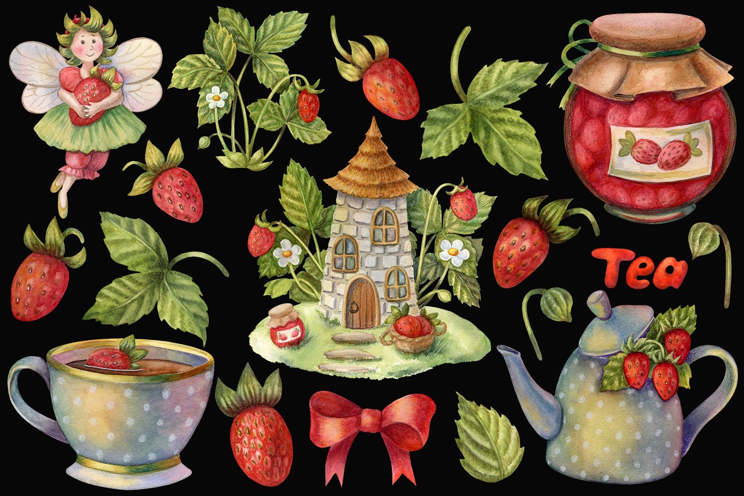 Watercolor clipart of fairy little house, teapot and strawberries on a black background.
